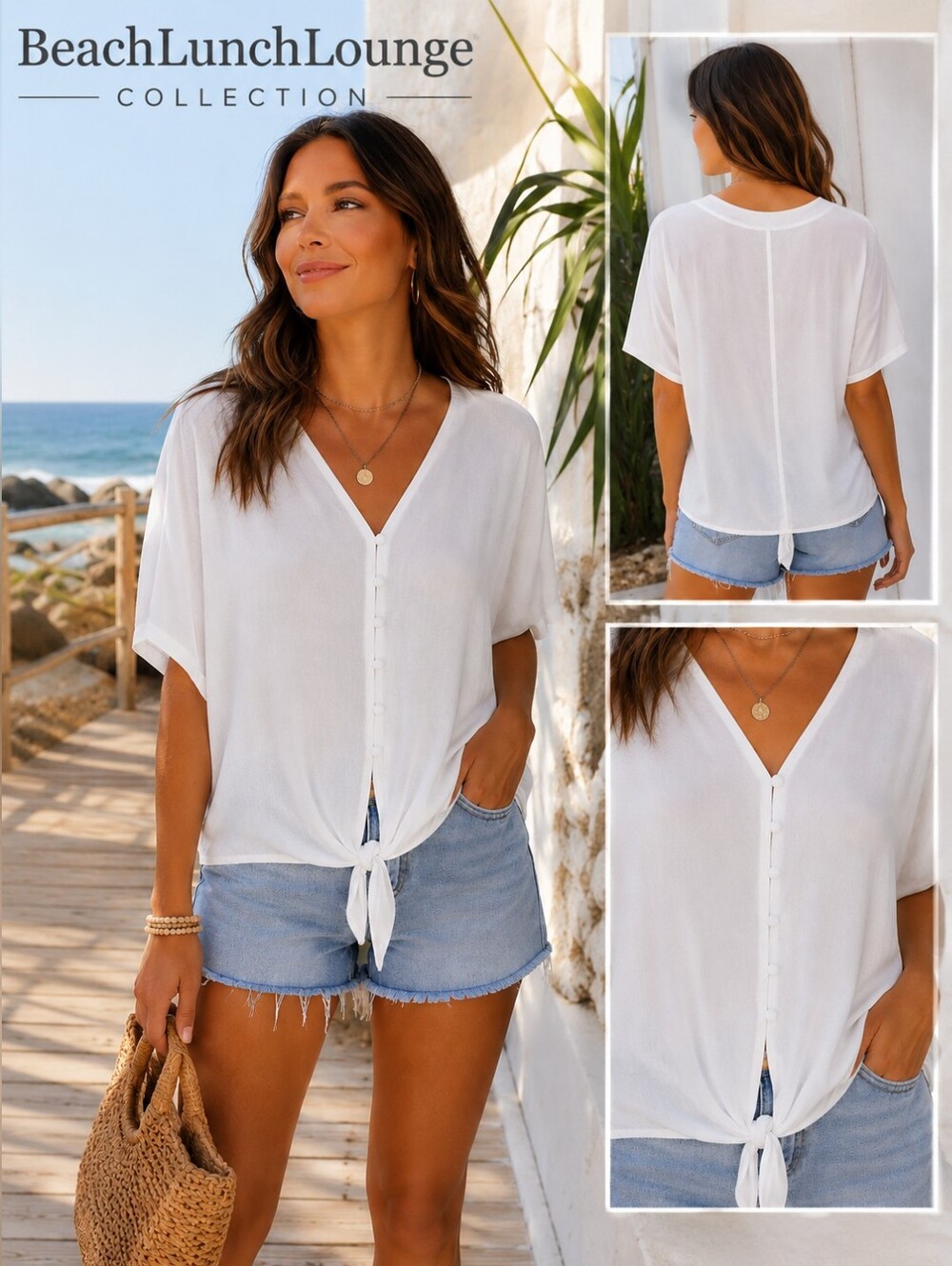 NWT BeachLunchLounge Collection by Francesca's White Button Front Tie Hem Blouse